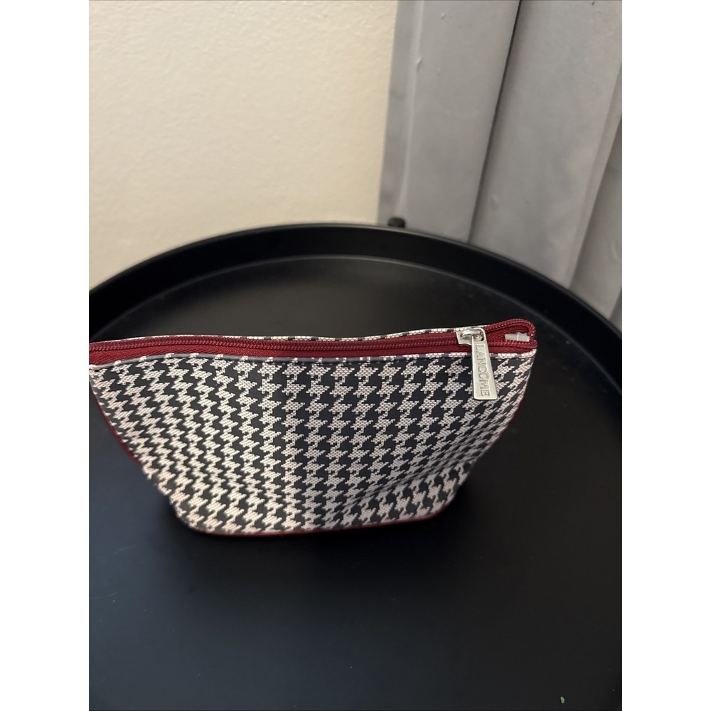Lancome‎ Houndstooth Cosmetic Bag Red Trim Zipper Pouch Makeup Organizer Travel